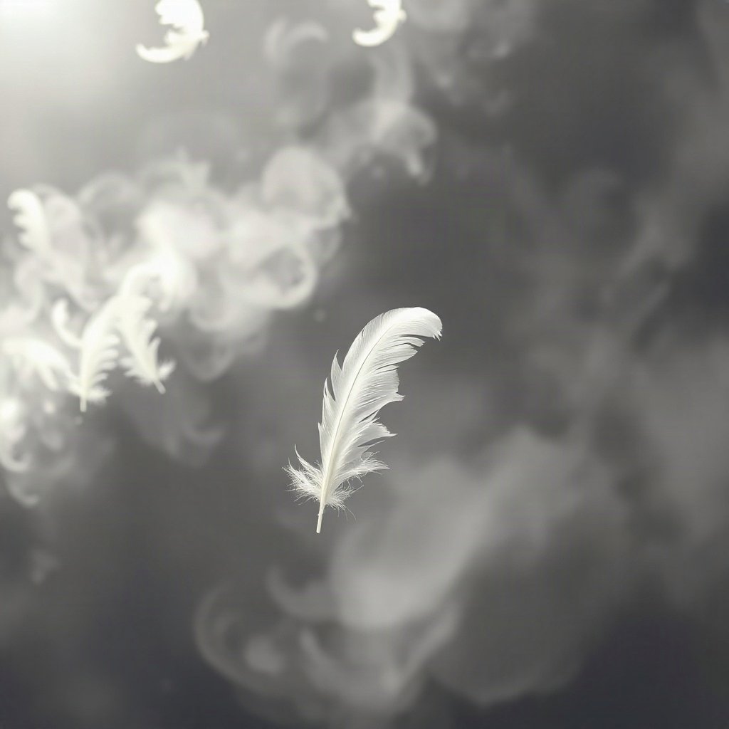 White PFPs — feather floating, cinematic photo style, misty atmosphere
