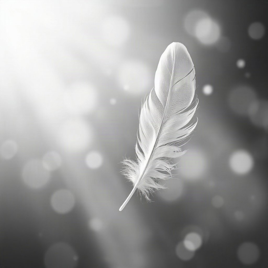 White PFPs — feather floating, dreamy digital painting, gentle bokeh