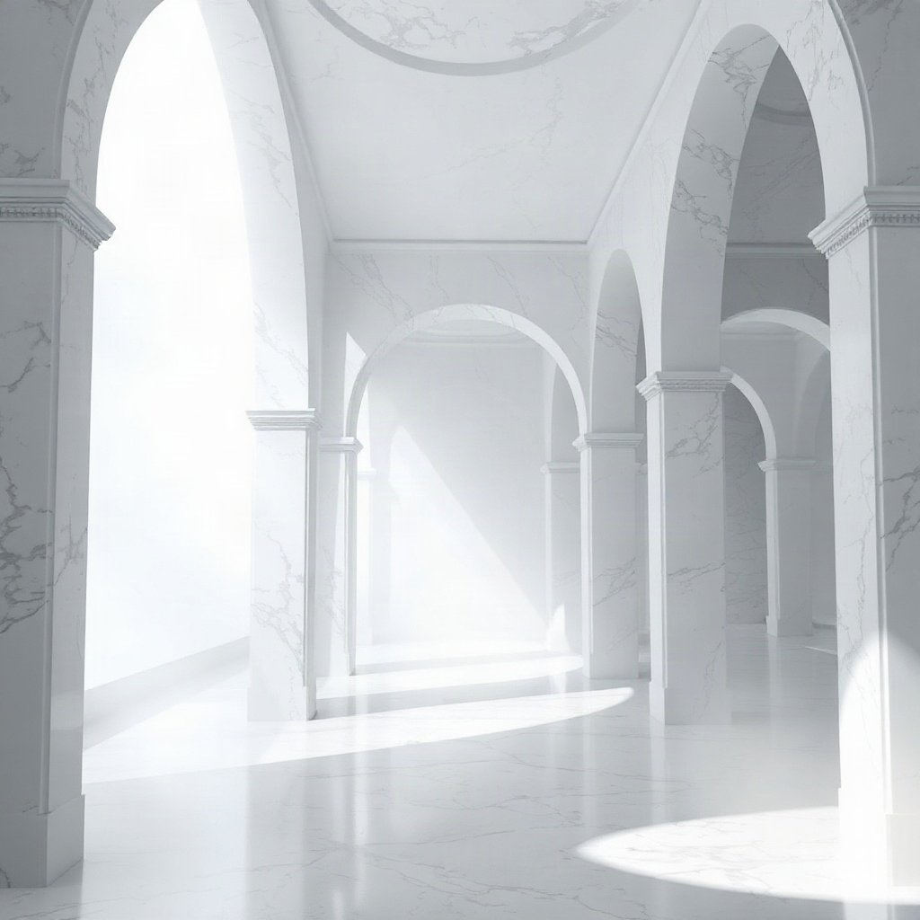 White PFPs — minimal marble arch, dreamy digital painting, misty atmosphere
