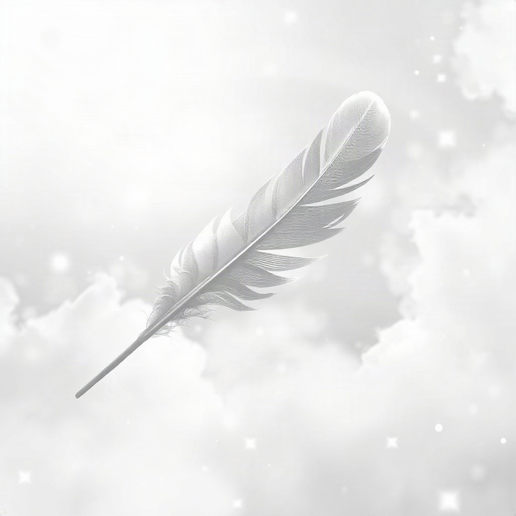 White PFPs — feather floating, dreamy digital painting, misty atmosphere
