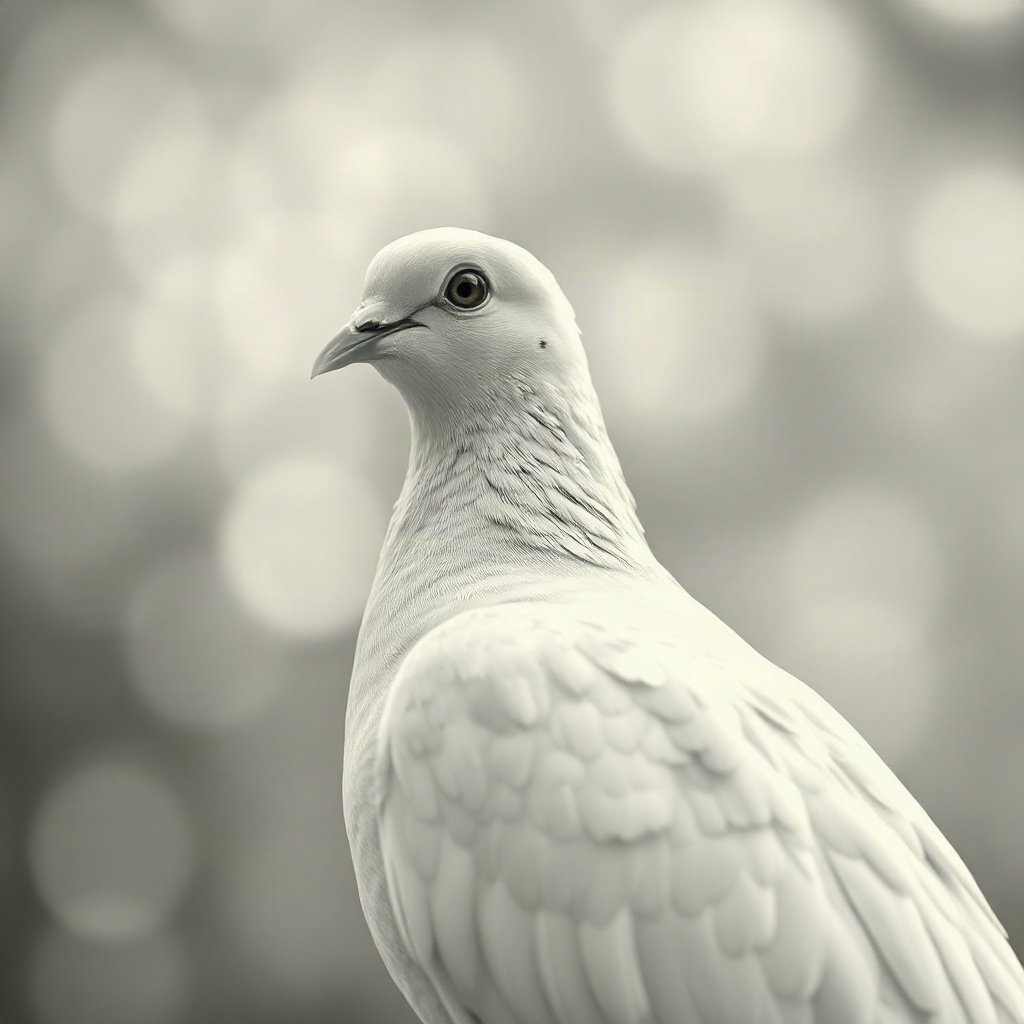 White PFPs — dove wing detail, cinematic photo style, gentle bokeh