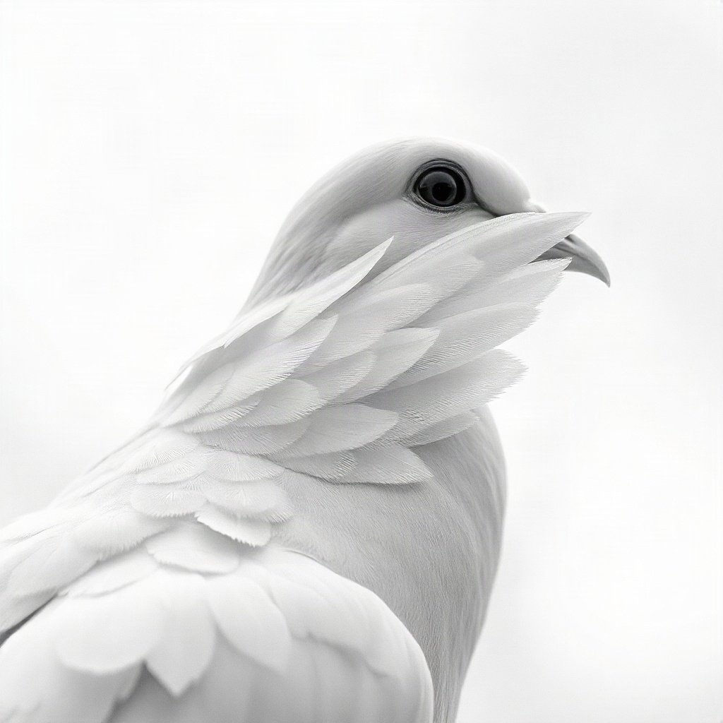 White PFPs — dove wing detail, cinematic photo style, misty atmosphere