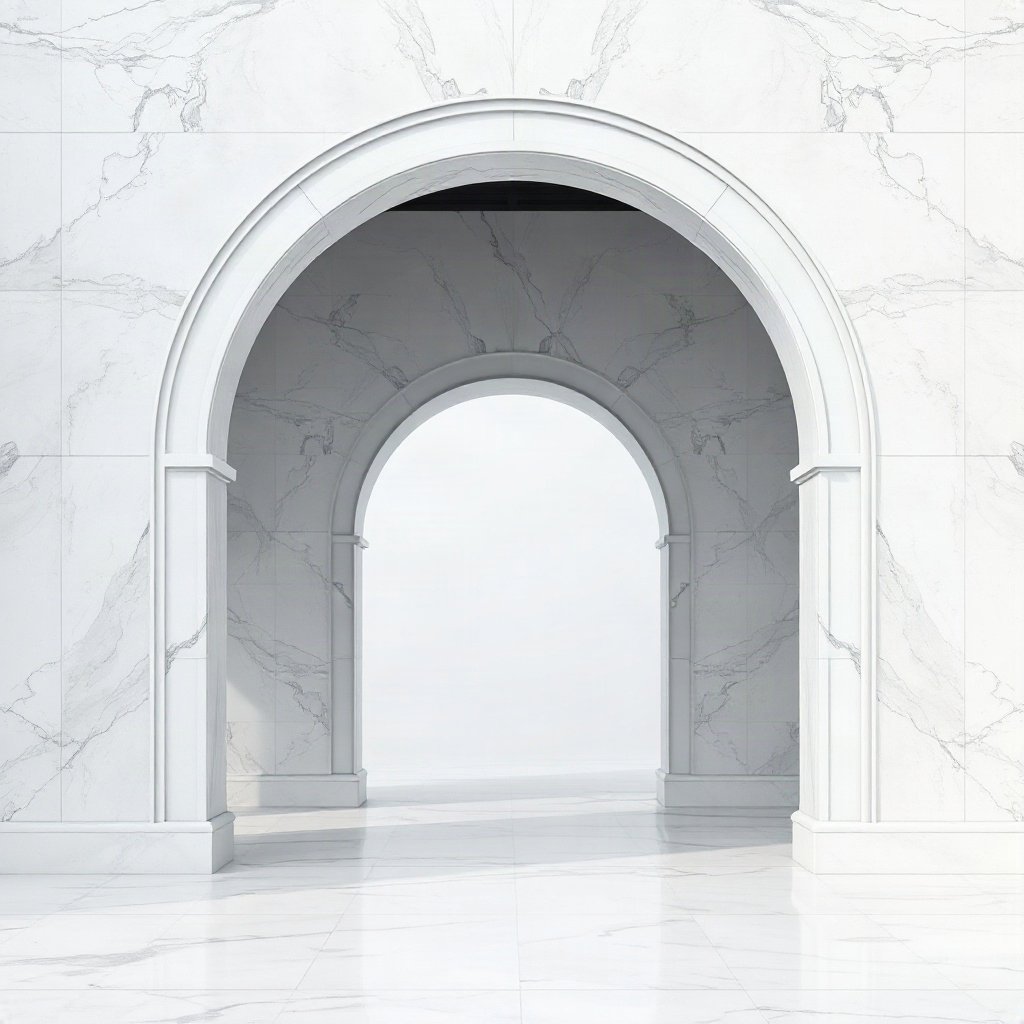 White PFPs — minimal marble arch, cinematic photo style, misty atmosphere