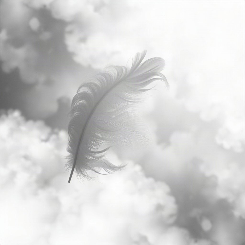 White PFPs — feather floating, dreamy digital painting, misty atmosphere