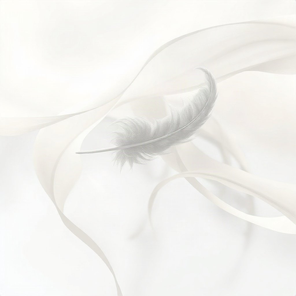 White PFPs — feather floating, dreamy digital painting, misty atmosphere