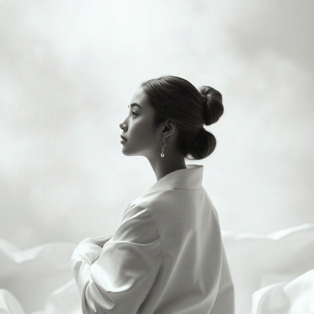 White PFPs — pearl on silk, cinematic photo style, misty atmosphere