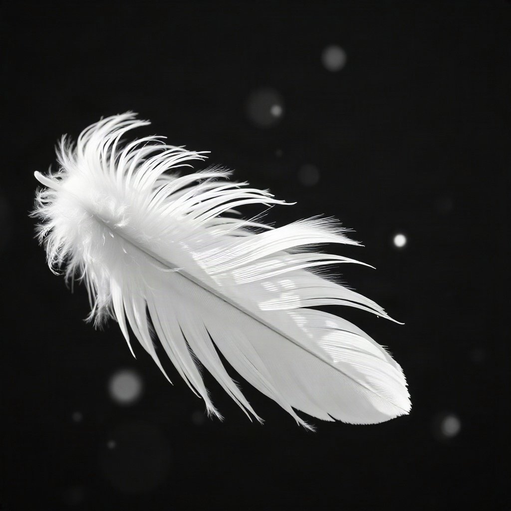 White PFPs — feather floating, cinematic photo style, subtle sparkle