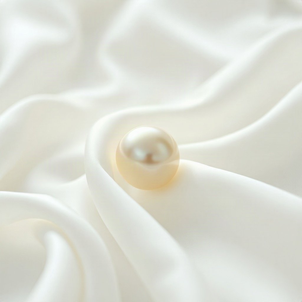 White PFPs — pearl on silk, cinematic photo style, gentle bokeh