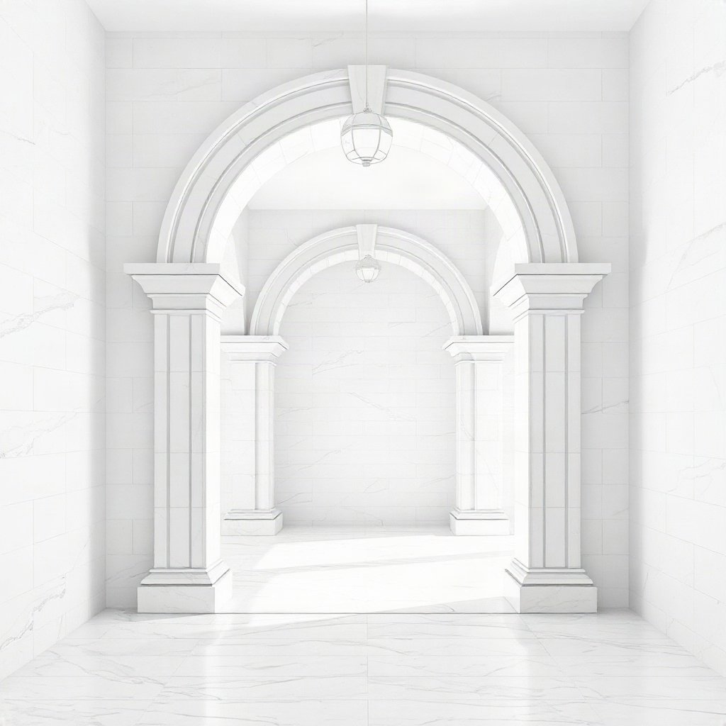 White PFPs — minimal marble arch, cinematic photo style, subtle sparkle