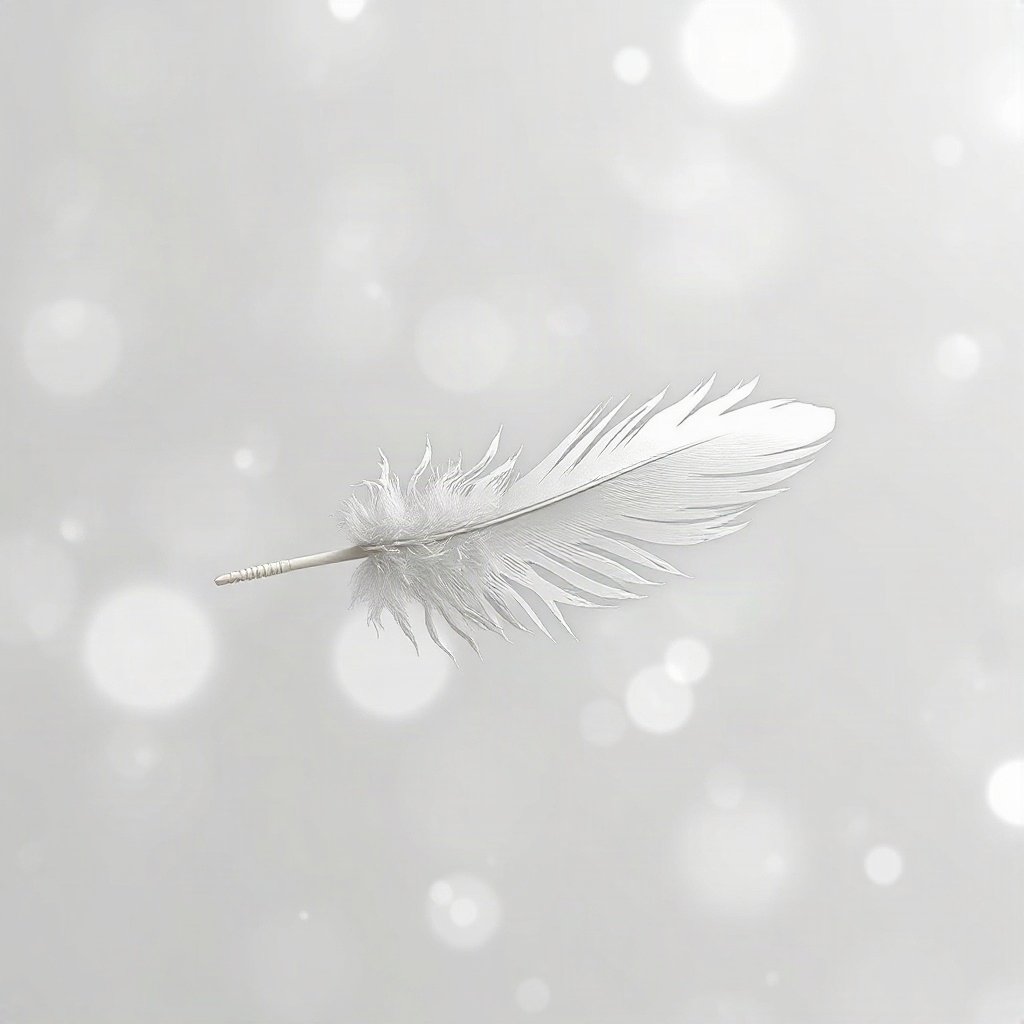 White PFPs — feather floating, soft 3d render, gentle bokeh