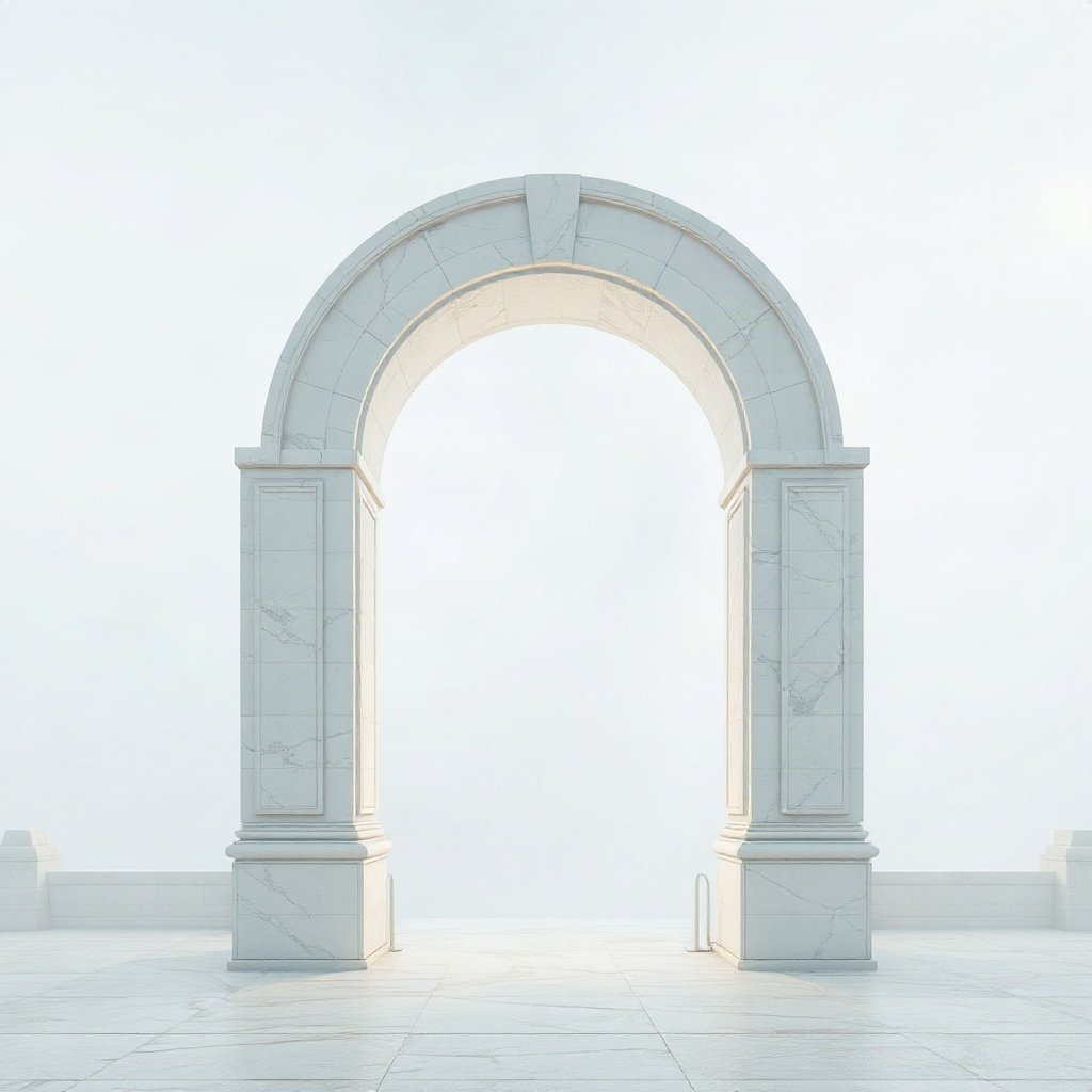 White PFPs — minimal marble arch, cinematic photo style, misty atmosphere