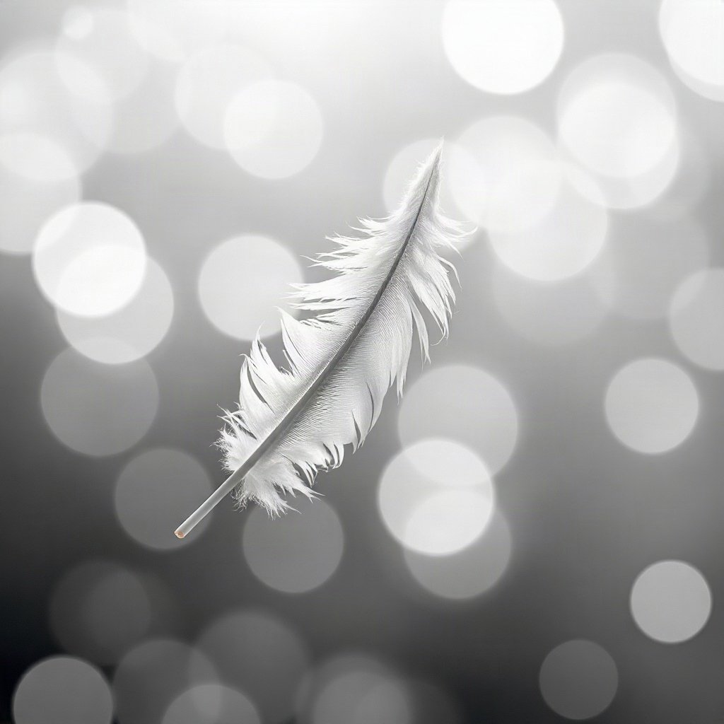 White PFPs — feather floating, cinematic photo style, gentle bokeh