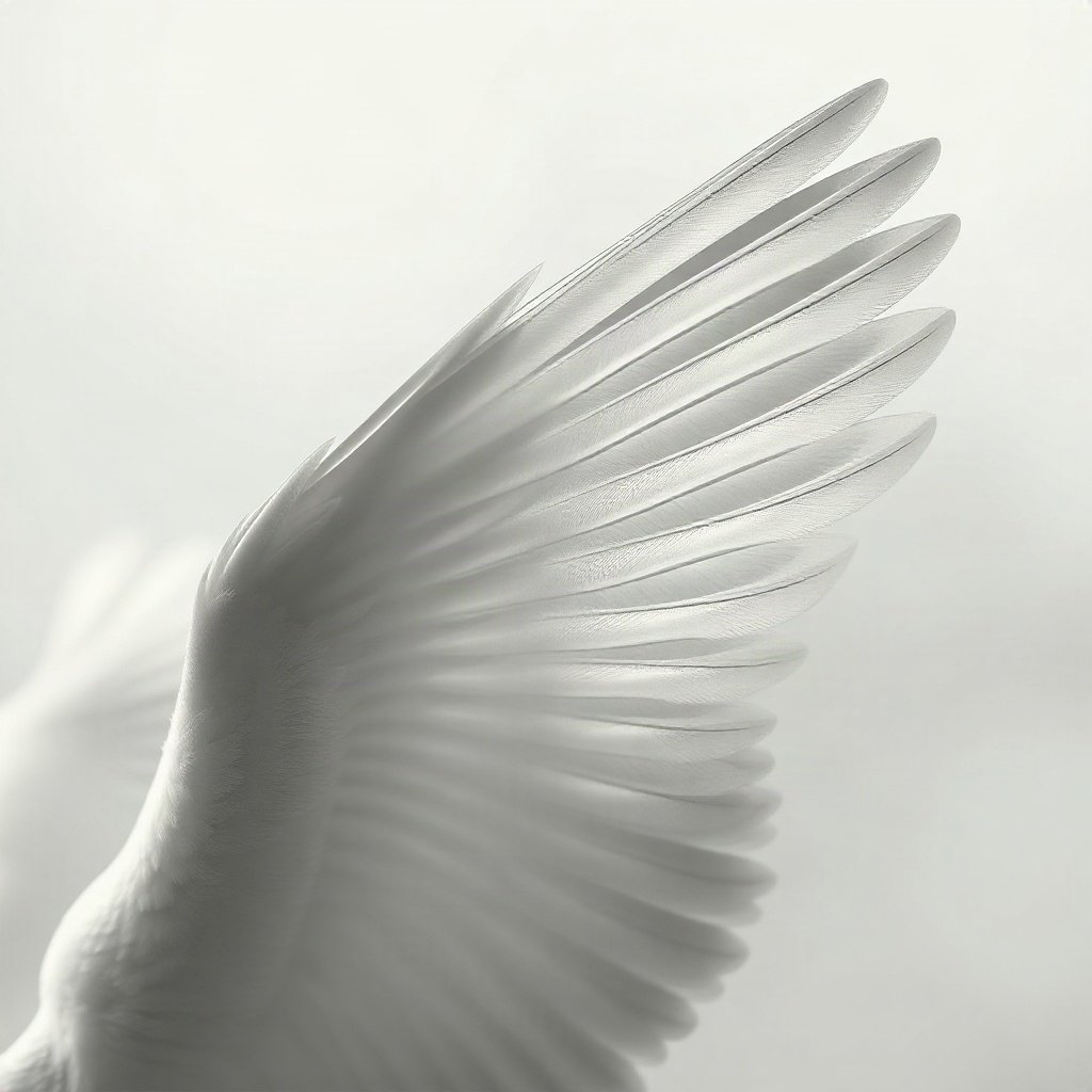 White PFPs — dove wing detail, cinematic photo style, misty atmosphere