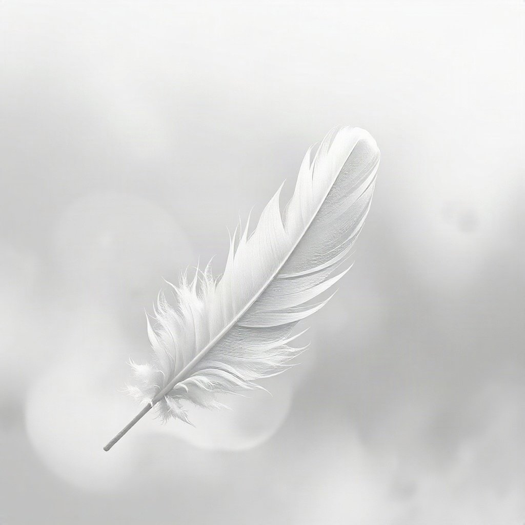White PFPs — feather floating, dreamy digital painting, misty atmosphere