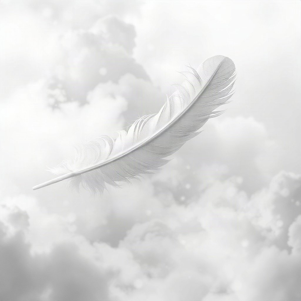 White PFPs — feather floating, dreamy digital painting, misty atmosphere