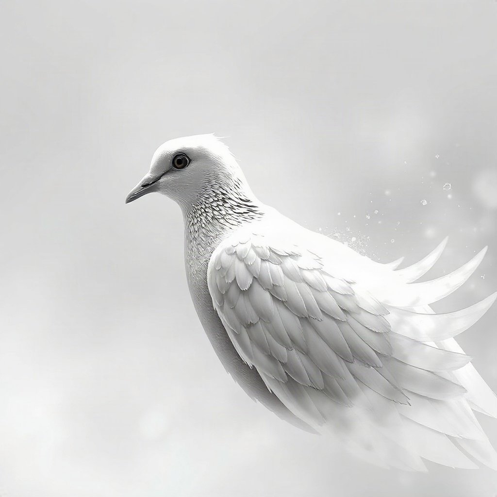 White PFPs — dove wing detail, dreamy digital painting, misty atmosphere