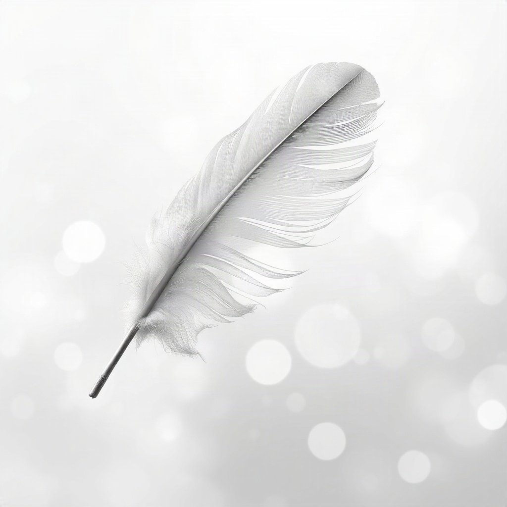 White PFPs — feather floating, dreamy digital painting, gentle bokeh