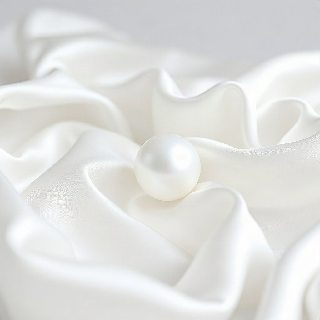 White PFPs — pearl on silk, cinematic photo style, subtle sparkle