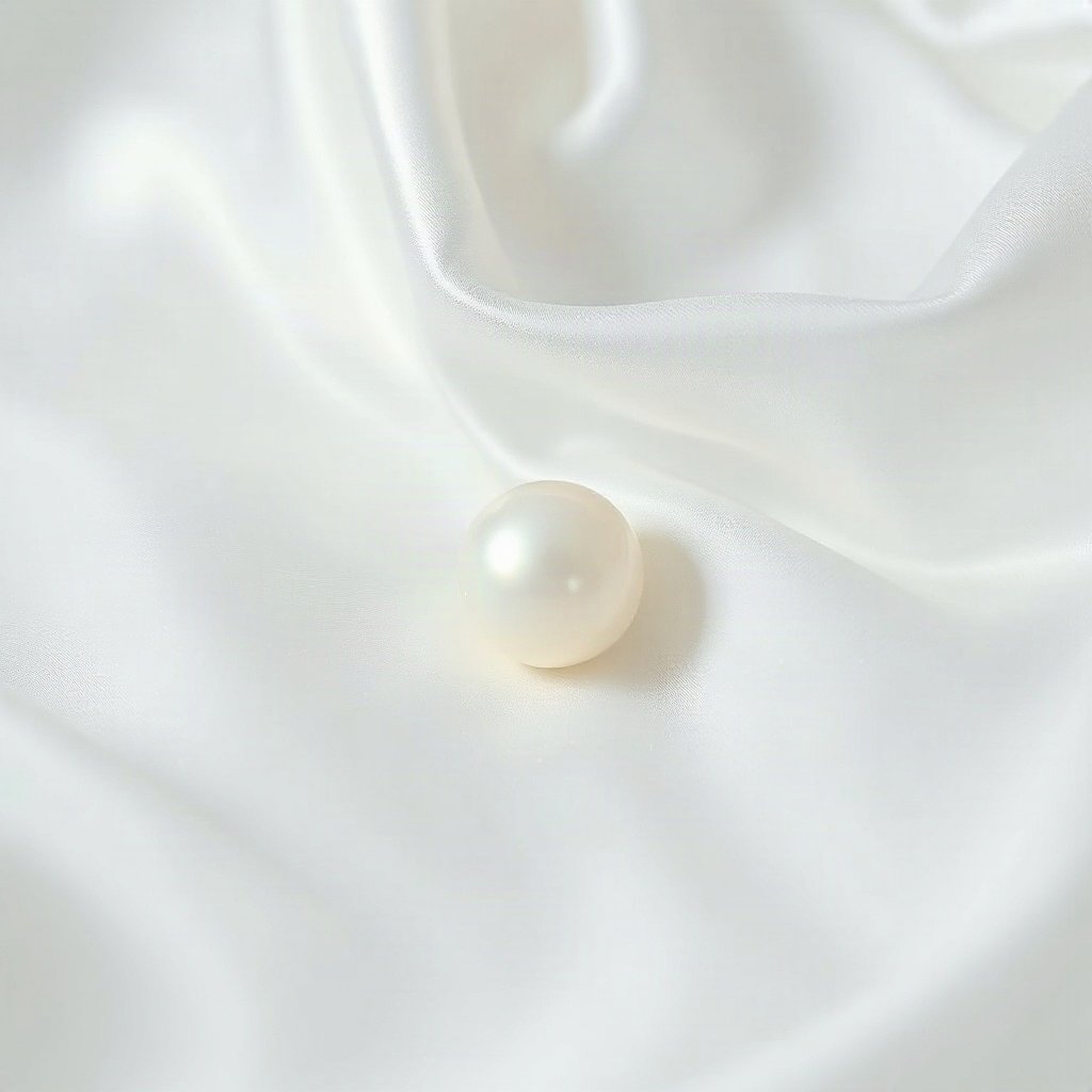 White PFPs — pearl on silk, cinematic photo style, subtle sparkle