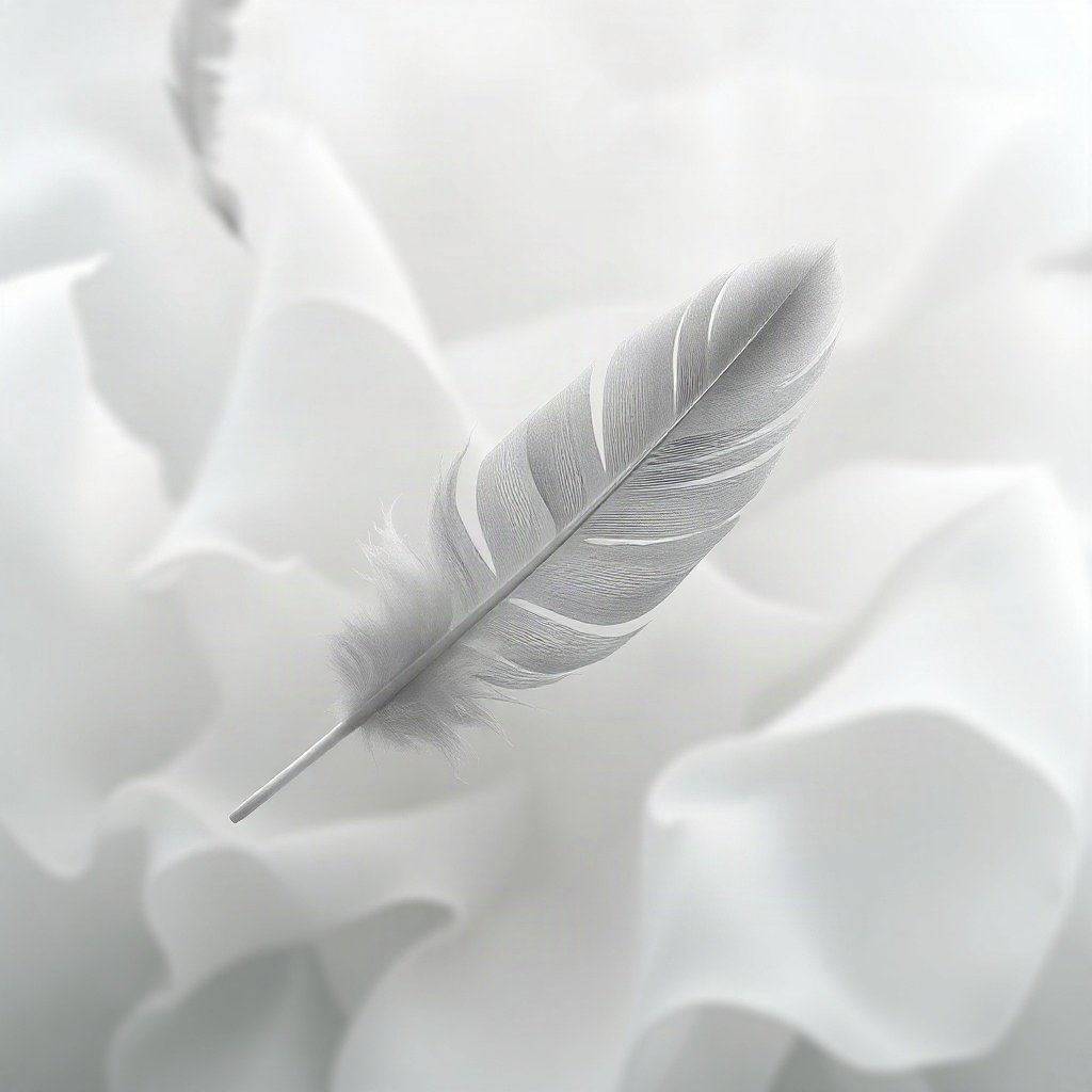 White PFPs — feather floating, dreamy digital painting, misty atmosphere