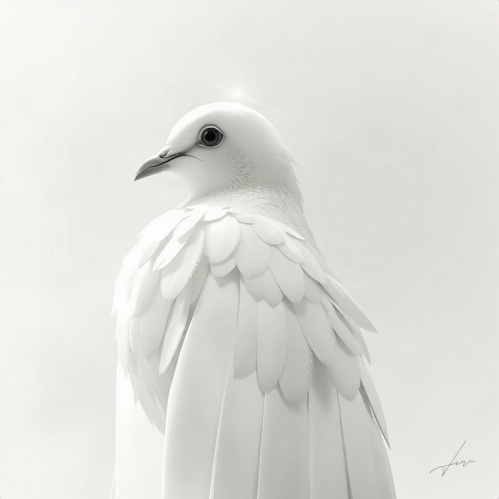 White PFPs — dove wing detail, dreamy digital painting, soft glow