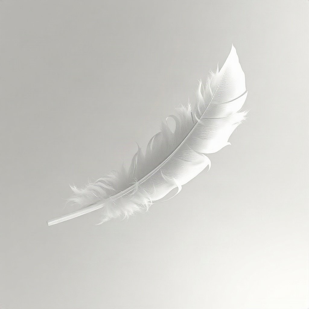 White PFPs — feather floating, dreamy digital painting, soft glow