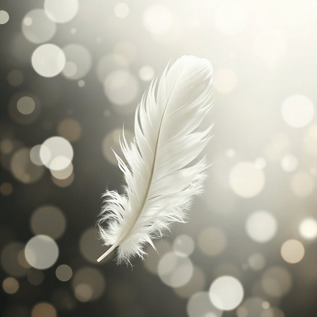 White PFPs — feather floating, dreamy digital painting, gentle bokeh