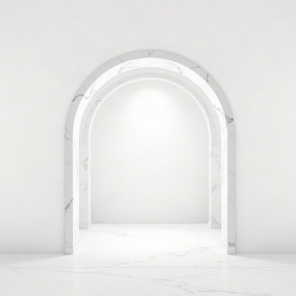 White PFPs — minimal marble arch, soft 3d render, subtle sparkle
