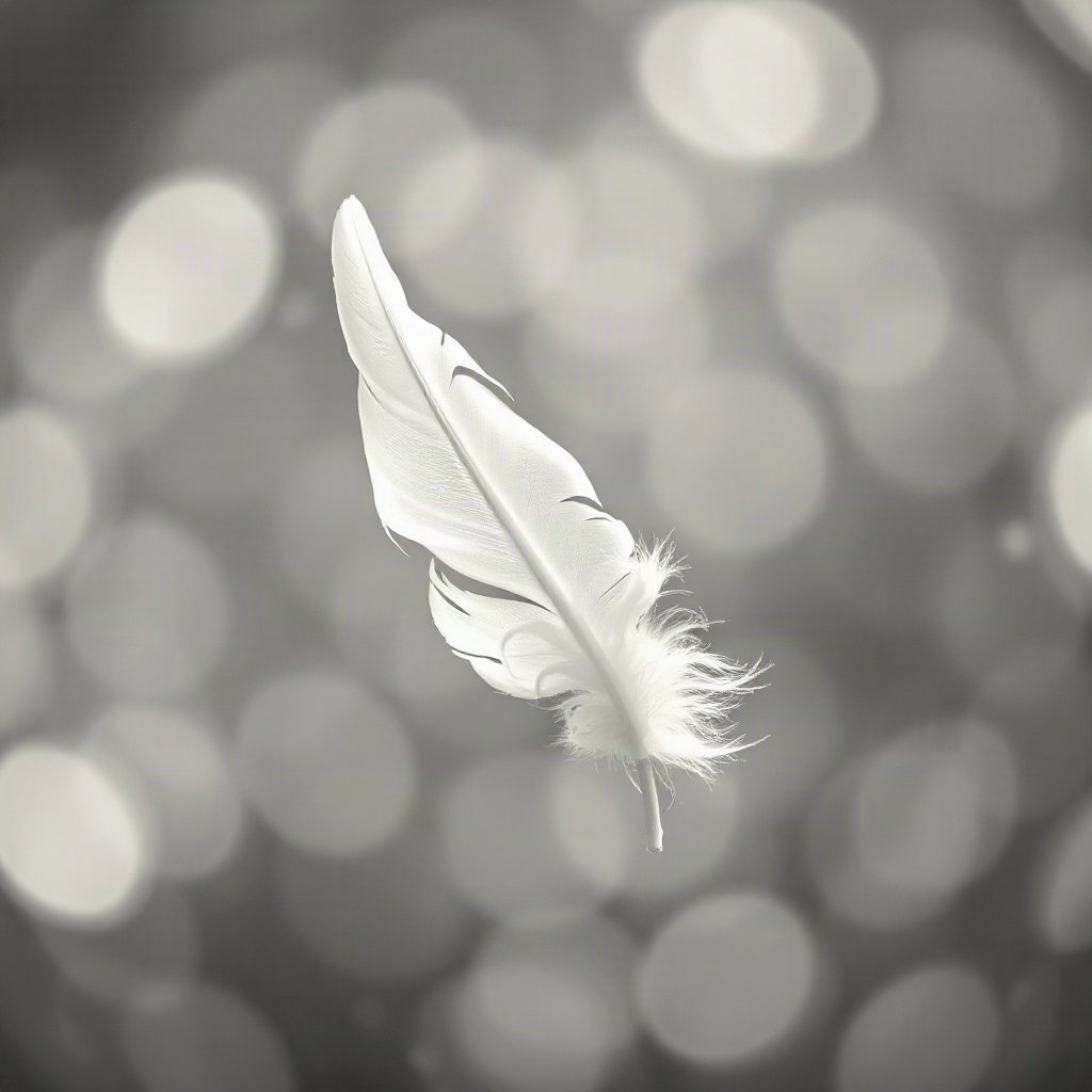 White PFPs — feather floating, cinematic photo style, gentle bokeh