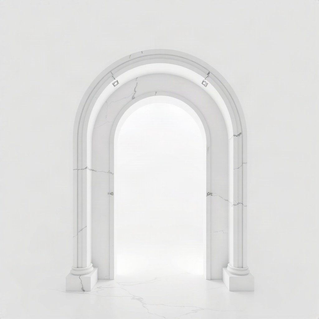 White PFPs — minimal marble arch, soft 3d render, misty atmosphere