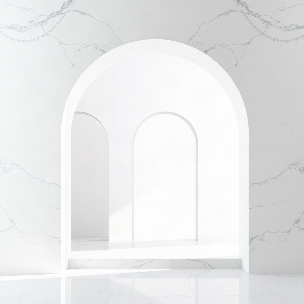 White PFPs — minimal marble arch, soft 3d render, misty atmosphere