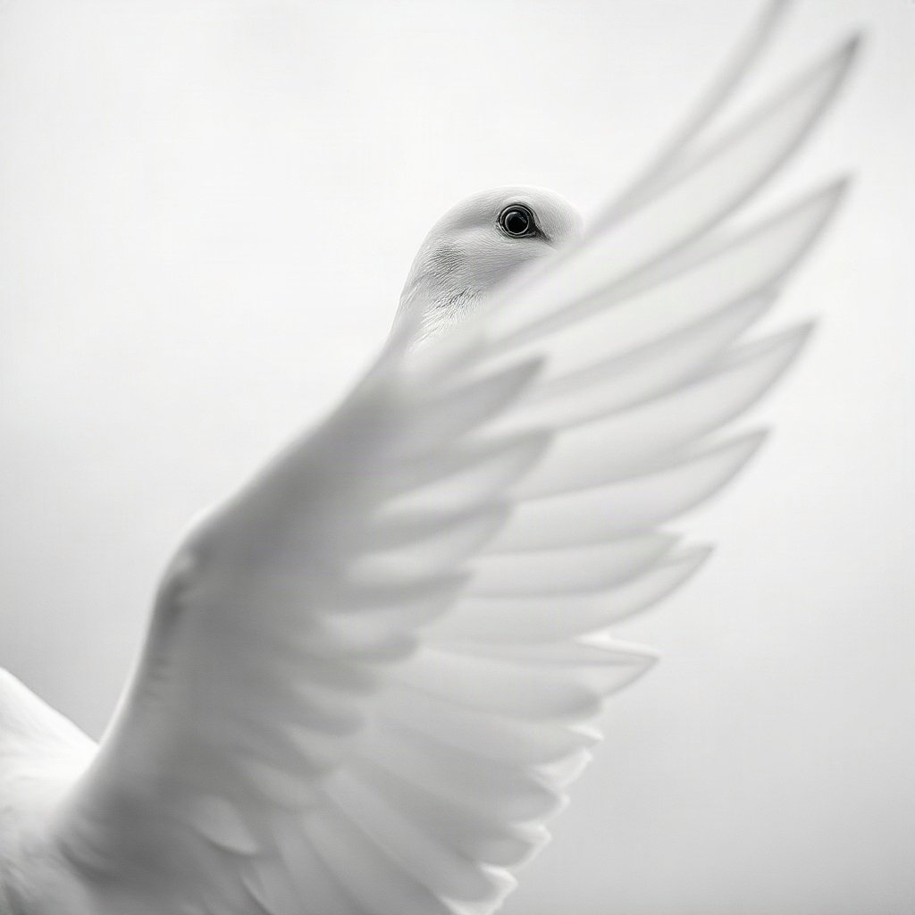 White PFPs — dove wing detail, cinematic photo style, misty atmosphere