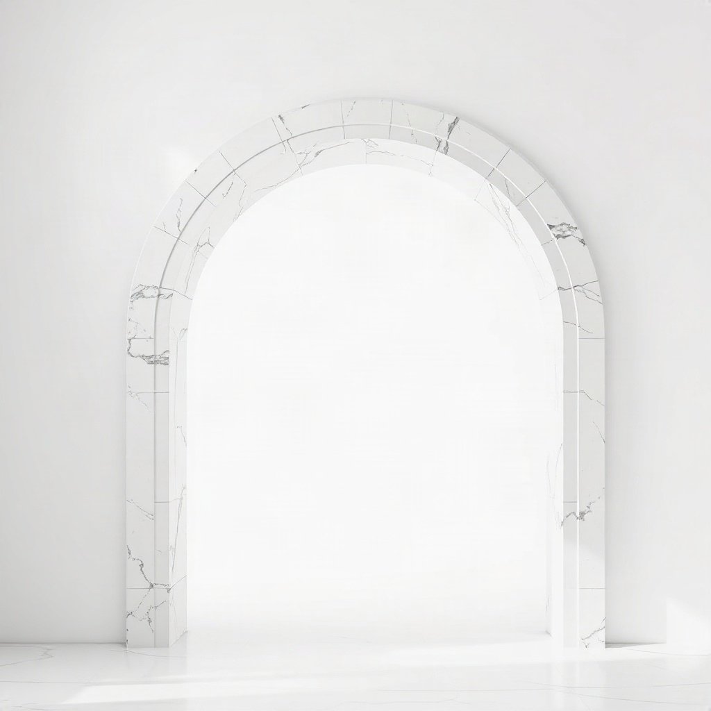 White PFPs — minimal marble arch, soft 3d render, misty atmosphere