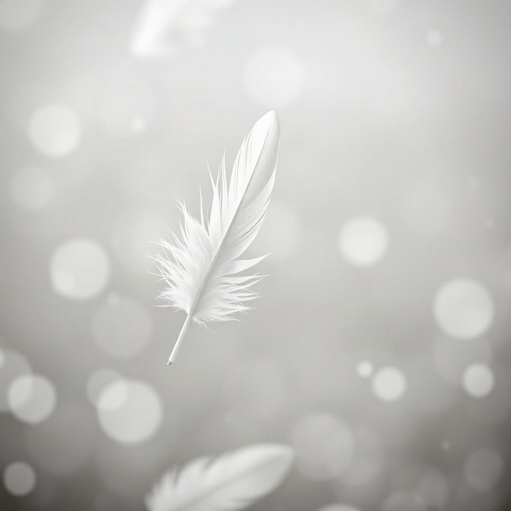 White PFPs — feather floating, cinematic photo style, gentle bokeh