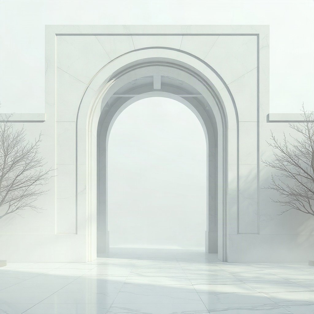 White PFPs — minimal marble arch, cinematic photo style, misty atmosphere