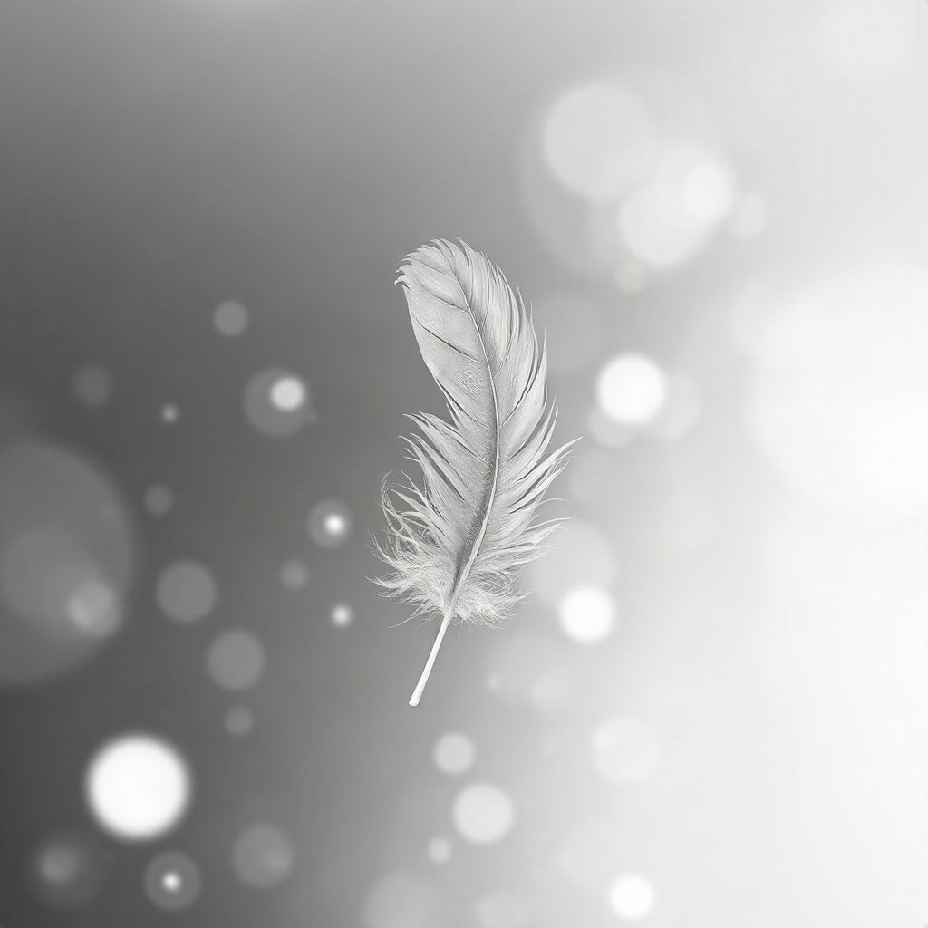 White PFPs — feather floating, dreamy digital painting, gentle bokeh