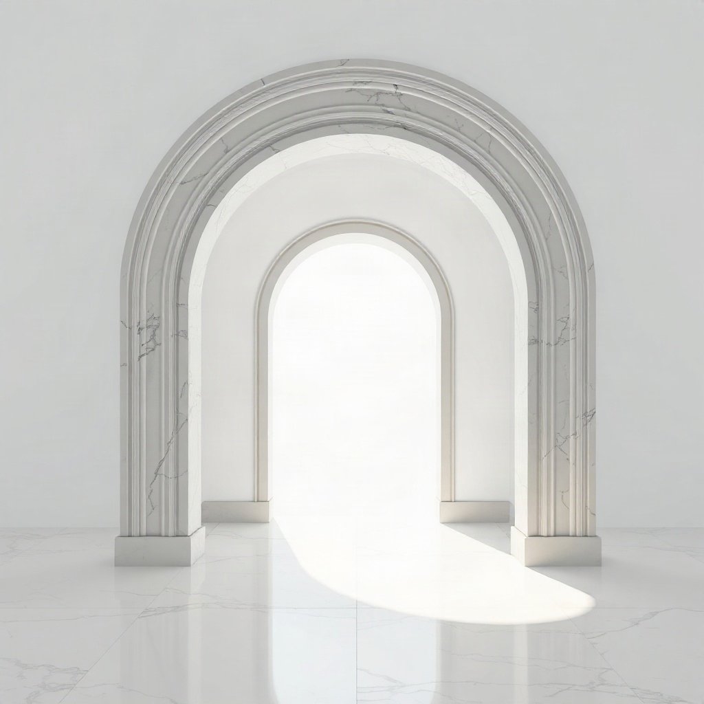 White PFPs — minimal marble arch, soft 3d render, misty atmosphere