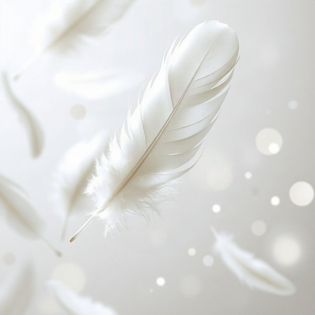 White PFPs — feather floating, dreamy digital painting, gentle bokeh