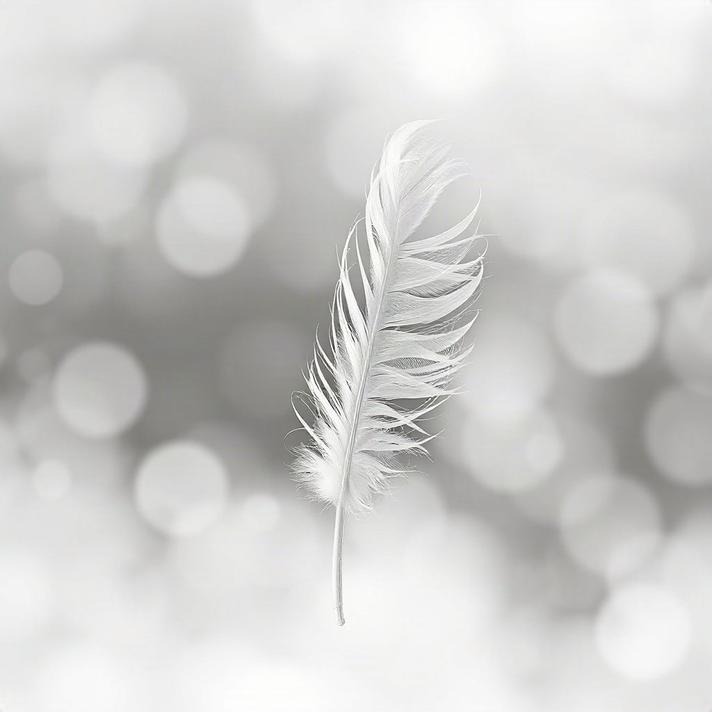 White PFPs — feather floating, dreamy digital painting, gentle bokeh