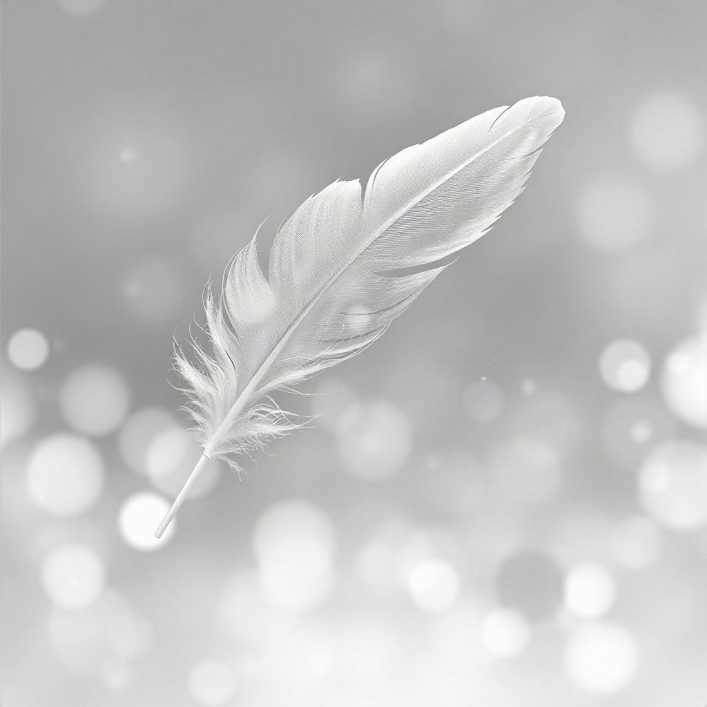 White PFPs — feather floating, dreamy digital painting, gentle bokeh