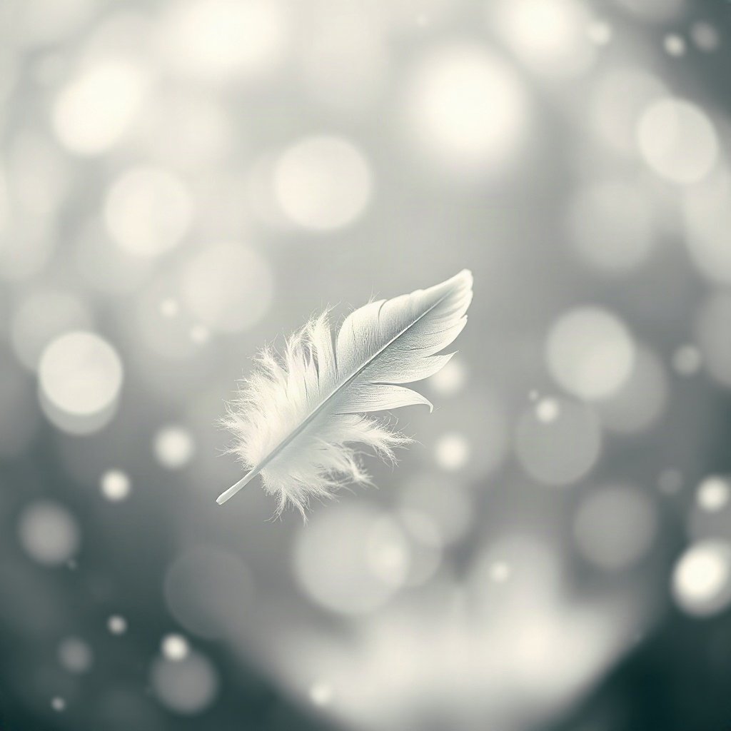 White PFPs — feather floating, cinematic photo style, gentle bokeh