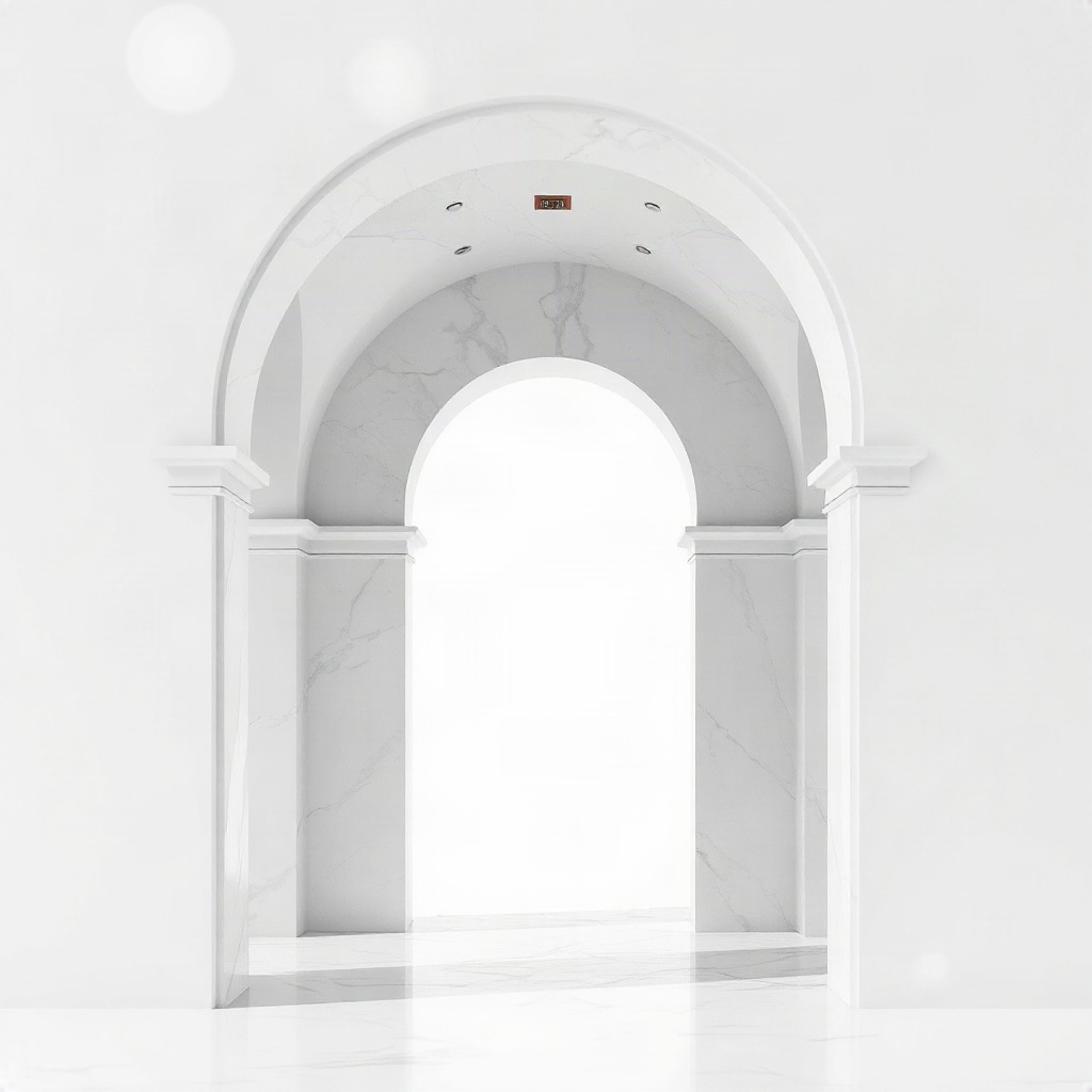 White PFPs — minimal marble arch, cinematic photo style, gentle bokeh