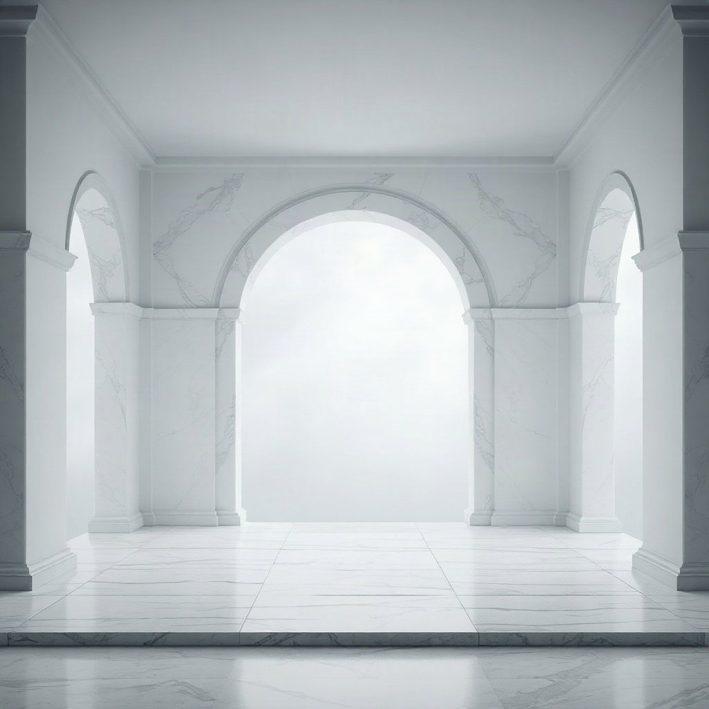 White PFPs — minimal marble arch, dreamy digital painting, misty atmosphere