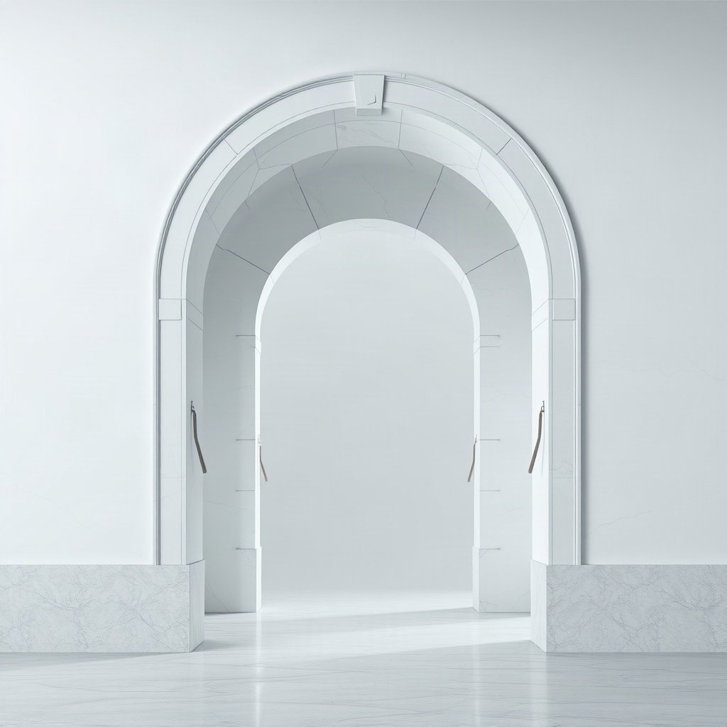 White PFPs — minimal marble arch, cinematic photo style, misty atmosphere