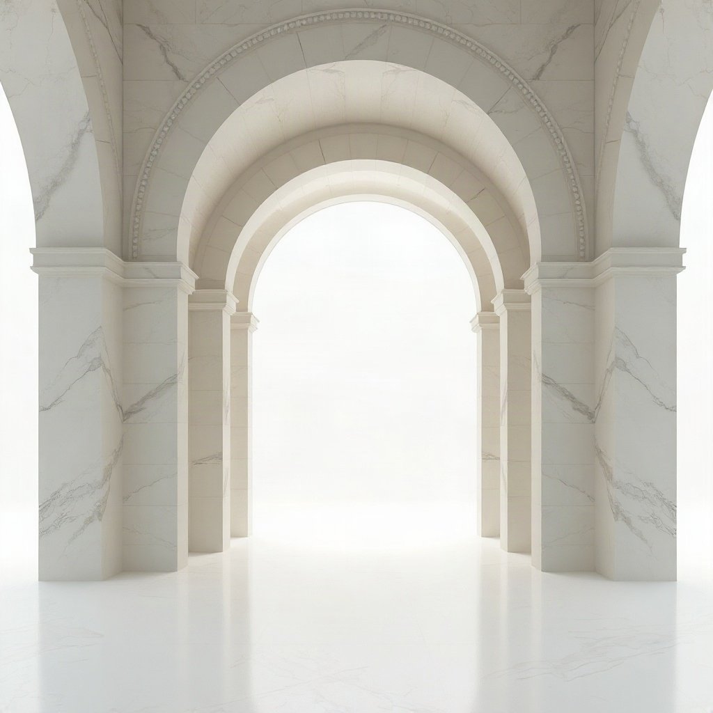 White PFPs — minimal marble arch, dreamy digital painting, misty atmosphere
