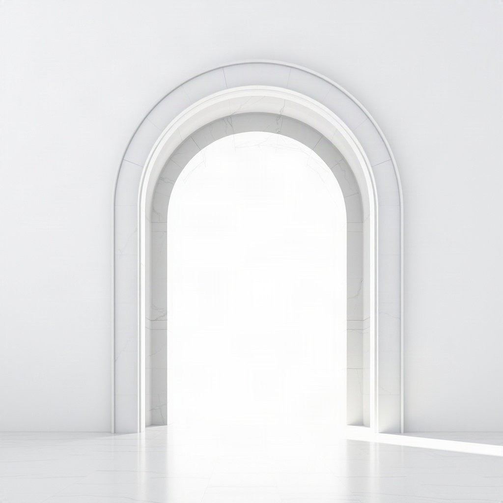 White PFPs — minimal marble arch, cinematic photo style, gentle bokeh