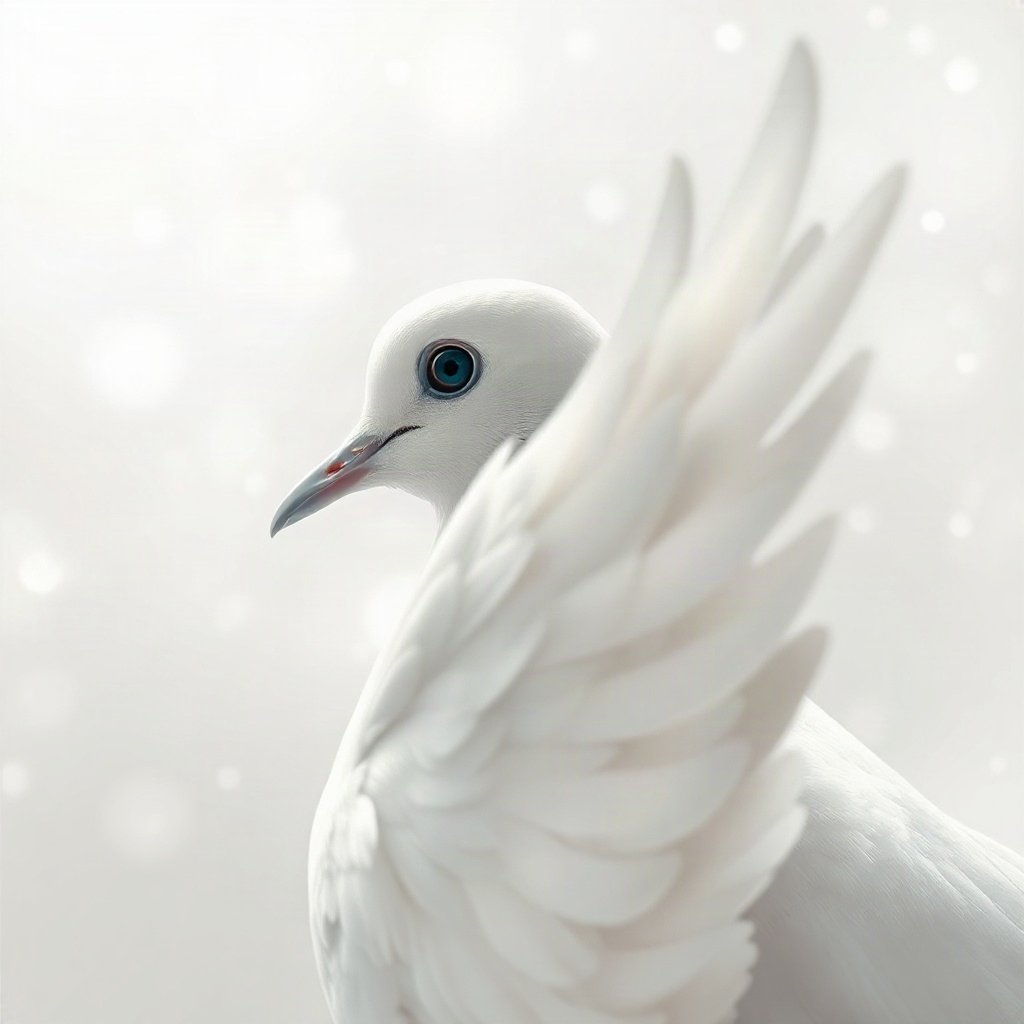 White PFPs — dove wing detail, dreamy digital painting, gentle bokeh