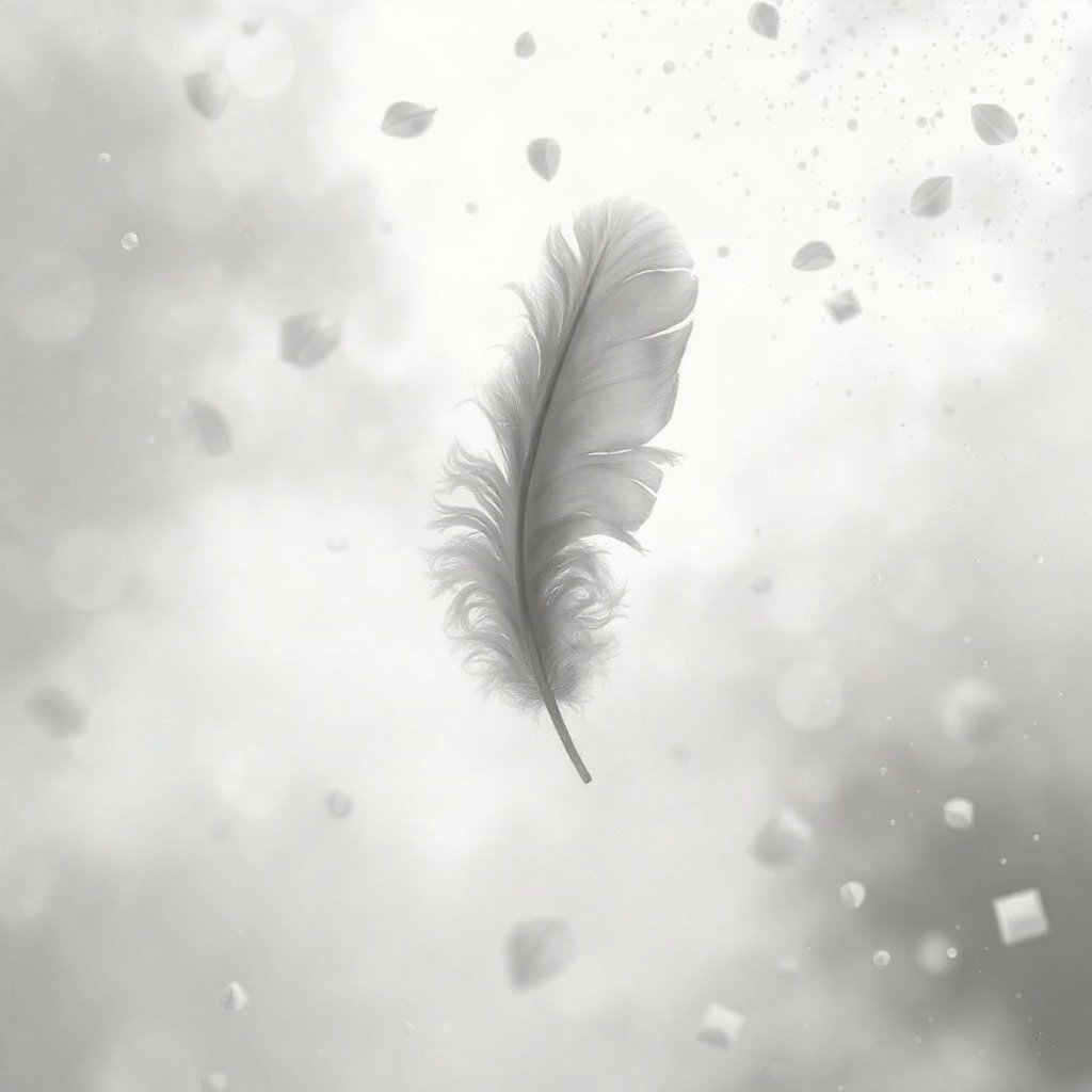 White PFPs — feather floating, dreamy digital painting, misty atmosphere