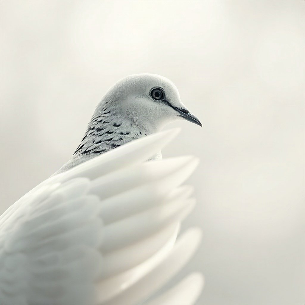 White PFPs — dove wing detail, cinematic photo style, gentle bokeh