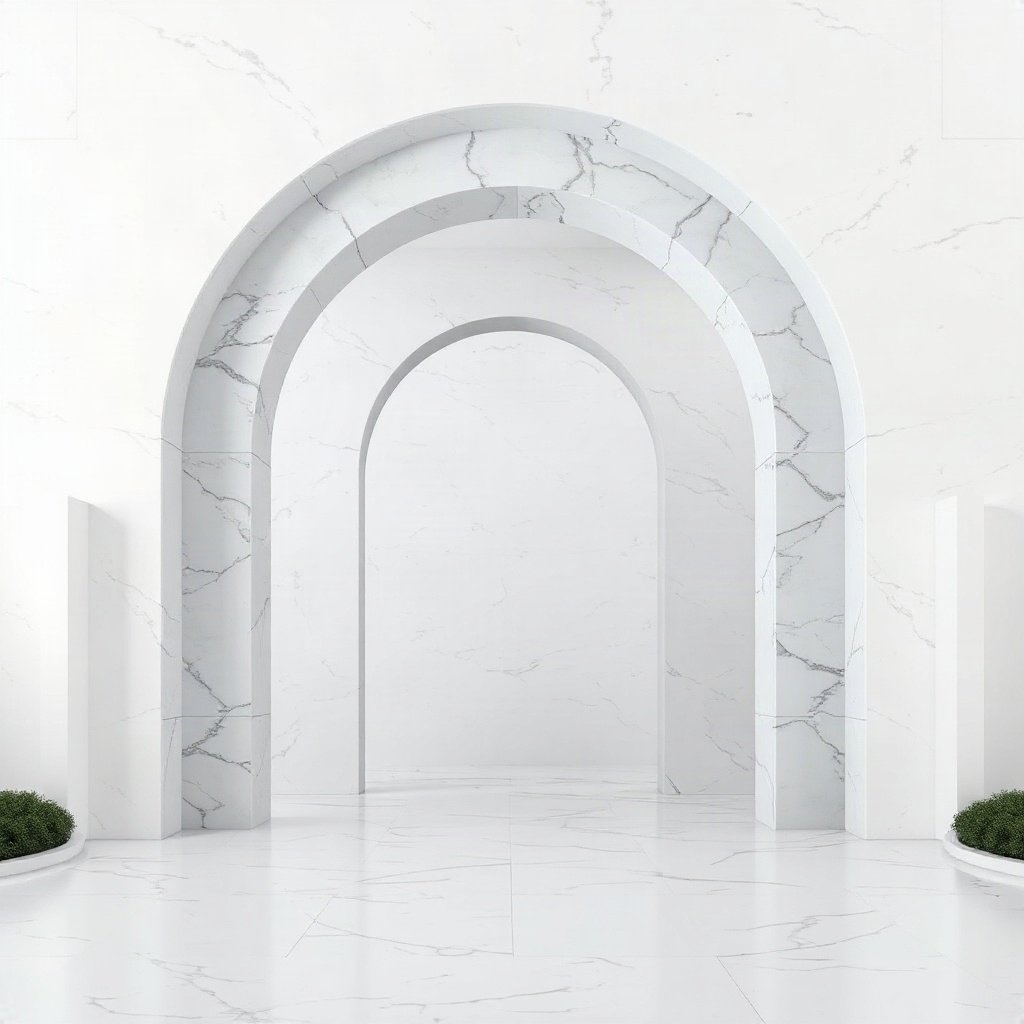 White PFPs — minimal marble arch, cinematic photo style, subtle sparkle
